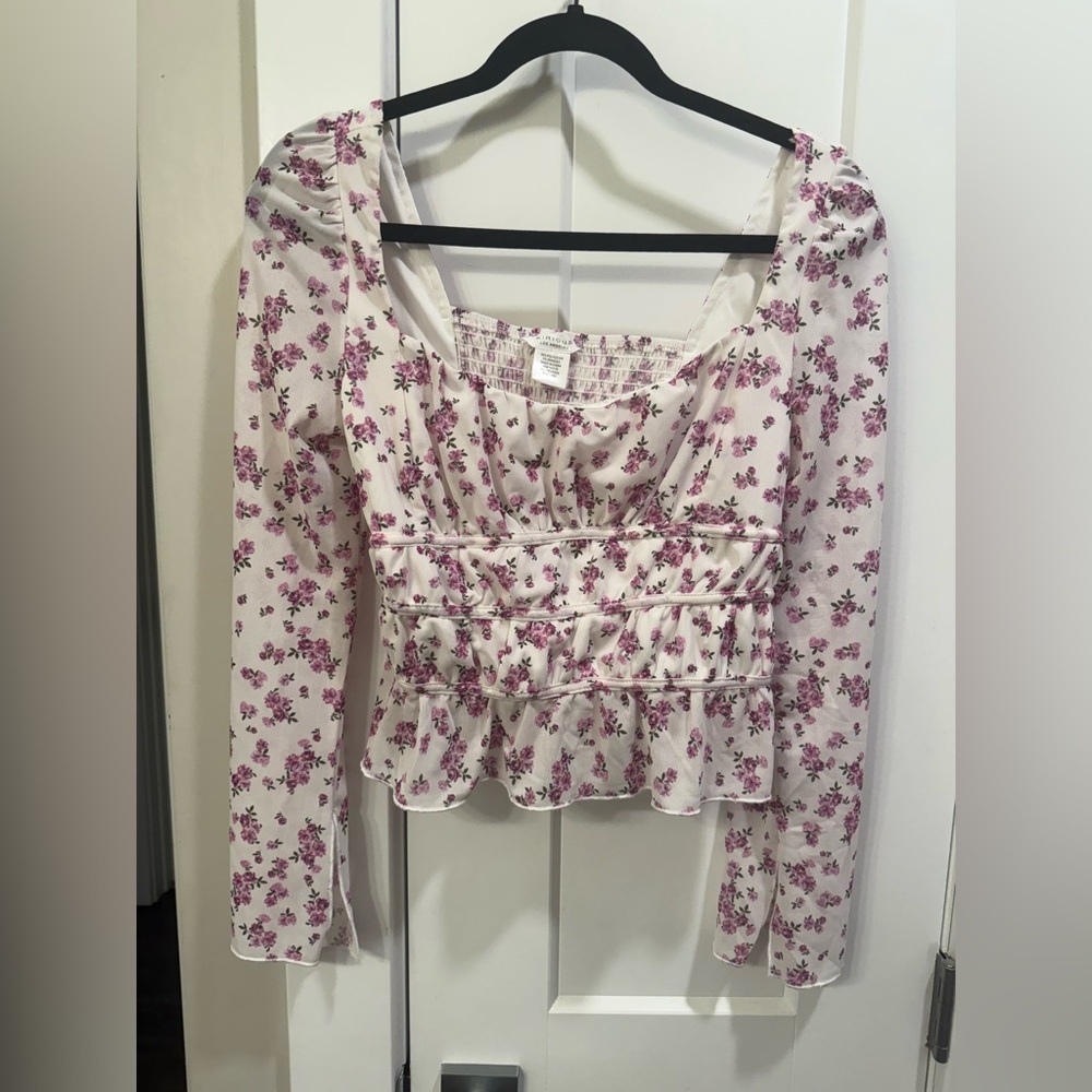 Floral Smocked Peplum Blouse - White with Purple Print